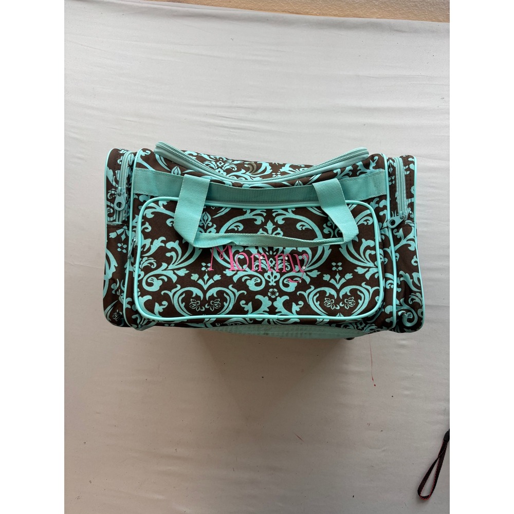 Mommy Embroidered Damask Diaper Bag Teal Brown Duffel Travel Tote